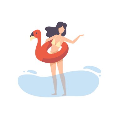 Flamingo Şişme Daire ile Bikini Güzel Kız, Yaz Tatili Vektör İllüstrasyon Sahilde Rahatlatıcı Genç Kadın