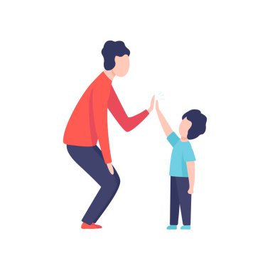Baba ve Oğlu Birbirlerine Yüksek Beş veren, Baba Onun Kid Vektör İllüstrasyon ile Good Time having