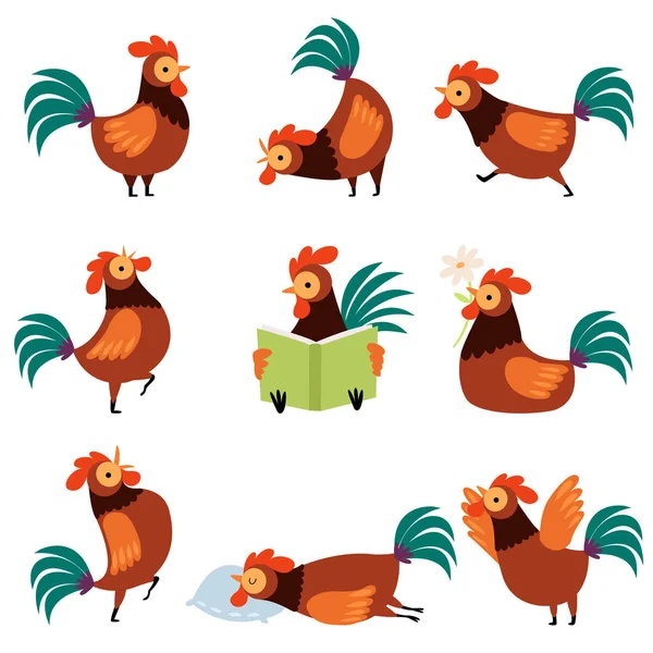 Coleção de galos com plumagem brilhante em diferentes situações, personagem de desenhos animados Farm Cocks — Vetor de Stock