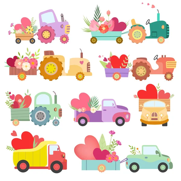 Collection de tracteurs et camions mignons pleins de fleurs et de coeurs, Illustration vectorielle colorée de transport agricole — Image vectorielle