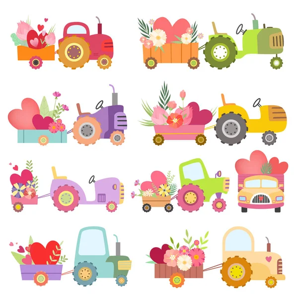 Gyűjteménye aranyos traktorok a szekerek teljes virágok és szívek, színes mezőgazdasági üzemek közlekedési Vector illusztráció — Stock Vector