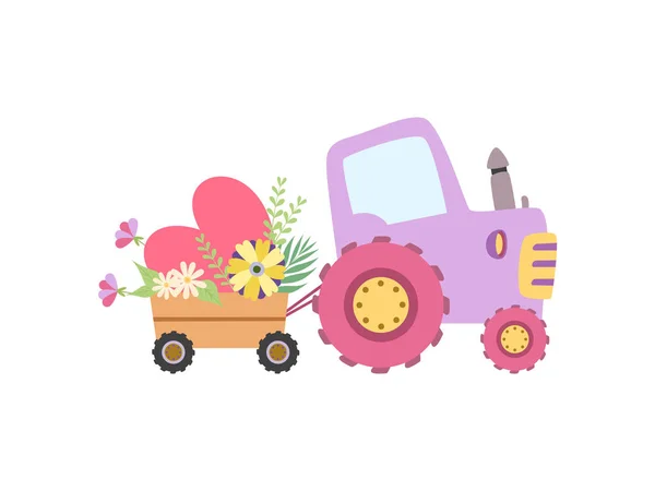 可爱的彩色拖拉机与购物车充满鲜花矢量插图 — 图库矢量图片