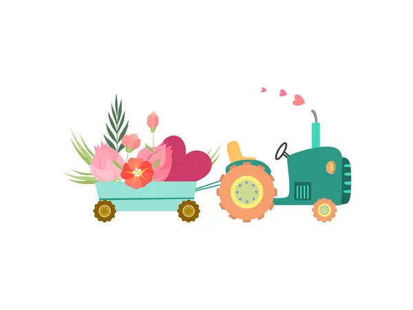 Cute Tractor with Cart with Flowers and Heart Vector Illustration — Stock Vector