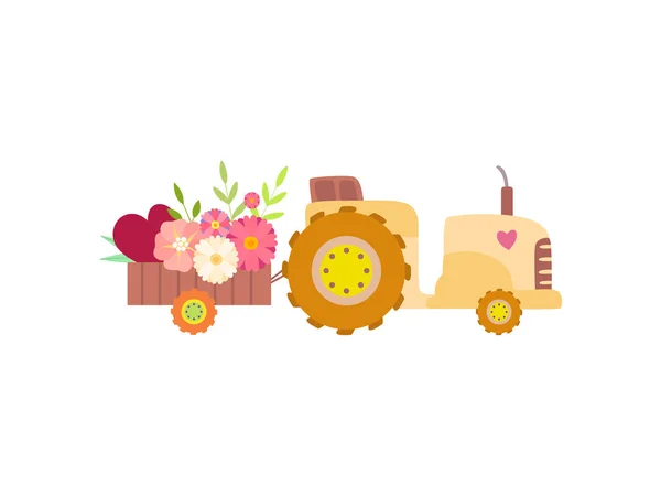 Renkli İlkbahar veya Yaz Çiçekleri Vektör İllüstrasyon Dolu Sepeti ile Sevimli Traktör — Stok Vektör