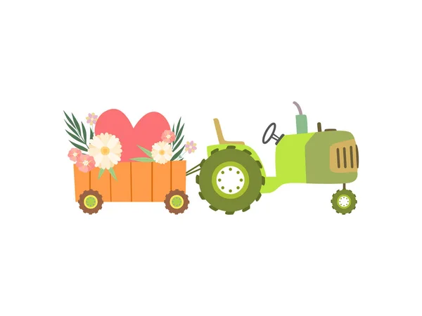 İlkbahar veya Yaz Çiçekleri Dolu Sepeti ile Sevimli Yeşil Traktör, Renkli Tarım Çiftliği Ulaşım Vektör İllüstrasyon — Stok Vektör