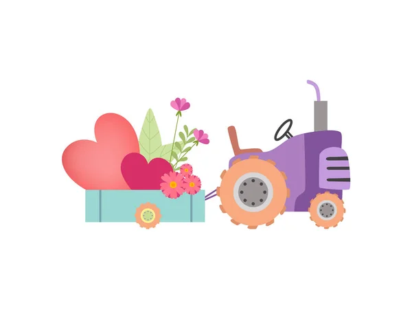 Söt traktor med vagn full av hjärtan och vår eller sommarblommor, färgglada jordbruks-gård transport vektor illustration — Stock vektor