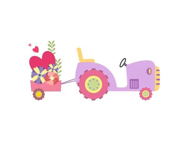 Leuke tractor met kar vol bloemen, kleurrijke agrarische boerderij transport vector illustratie — Stockvector