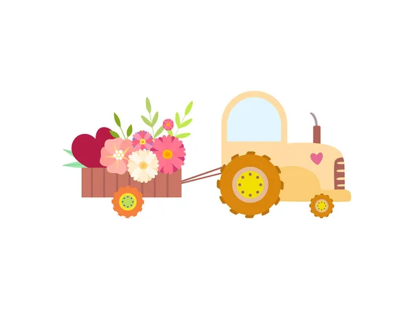 Söt gul traktor med blommor, jordbruk gård transport med Cart vektor illustration — Stock vektor