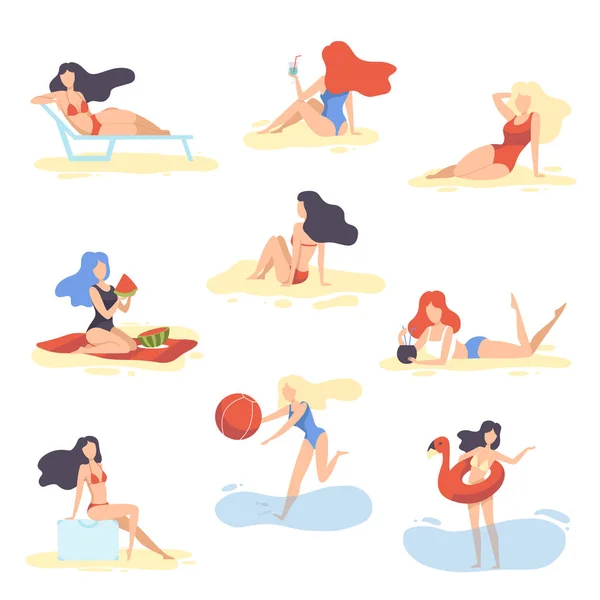 Collectie mooie meisjes in zwemkleding ontspannen op het strand, jonge vrouwen op zomer vakantie vector illustratie — Stockvector