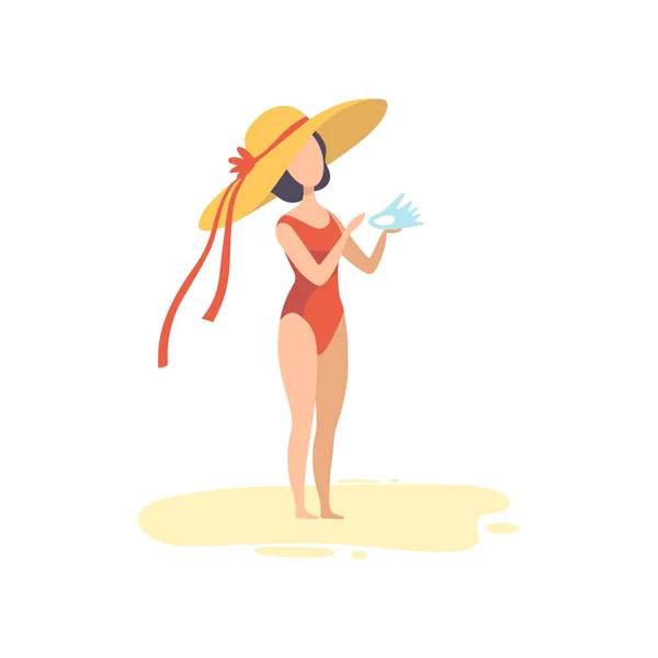 Mooi meisje in rood badpak en stro hoed houden Seashell, jonge vrouw ontspannen op het strand op zomer vakantie vector illustratie — Stockvector