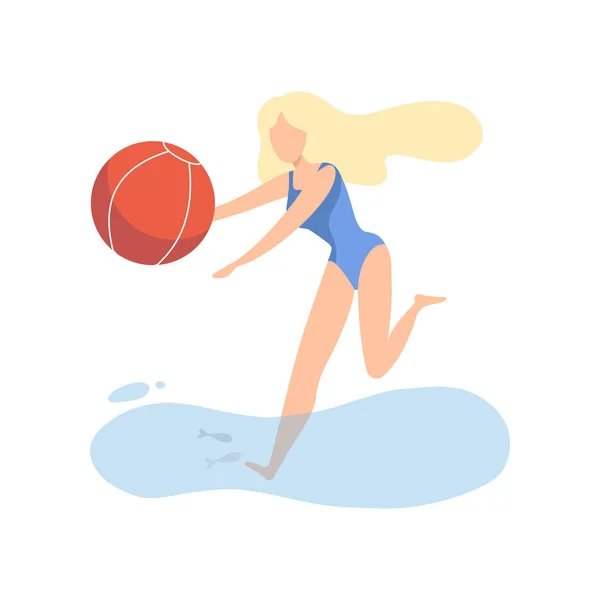 Hermosa chica en traje de baño azul jugando con pelota en la playa en vacaciones de verano Vector Ilustración — Vector de stock