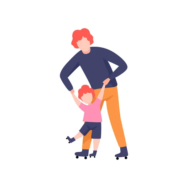Papa onderwijs dochter te schaatsen op rollen, vader met goede tijd met zijn Kid vector illustratie — Stockvector