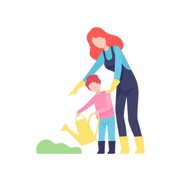 Mother Teaching Son to Water Plants, Mom and Kid Spending Time Together Vector Illustration