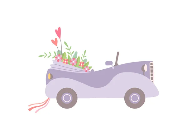 Carro conversível vintage rosa bonito decorado com flores, Casamento romântico Retro Auto, Ilustração do vetor da vista lateral — Vetor de Stock