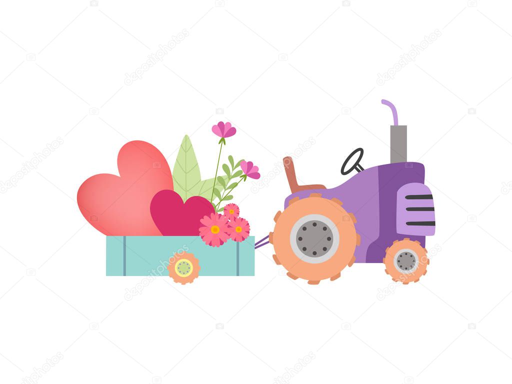 Cute Tractor with Cart Full of Hearts and Spring or Summer Flowers, Colorful Agricultural Farm Transport Vector Illustration