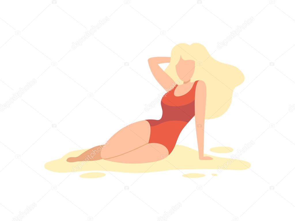 Beautiful Blonde Girl in Red Swimsuit Relaxing on Beach Vector Illustration