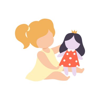 Sevimli Küçük Kız Onun Doll Vektör İllüstrasyon ile oynuyor
