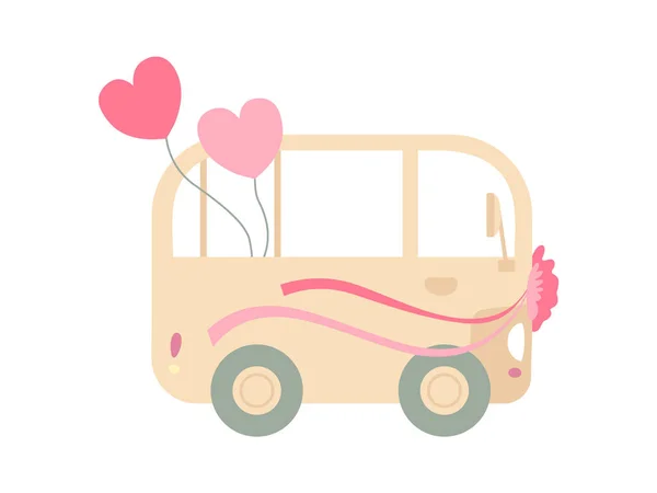 Van vintage decorado com fitas, Casamento romântico Retro Mini ônibus com corações, Vista lateral Vector Ilustração — Vetor de Stock