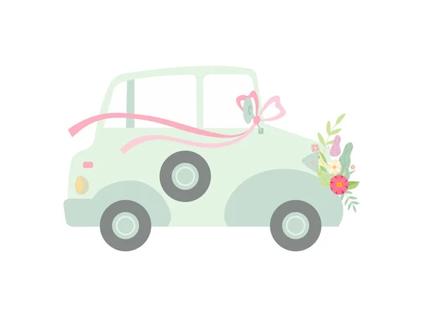Vintage auto versierd met Bow en bloemen, bruiloft retro auto, Side View vector illustratie — Stockvector