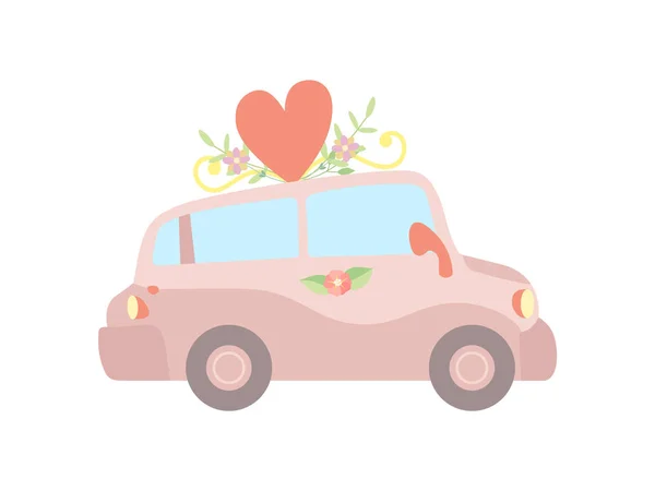 Carro Vintage rosa decorado com coração vermelho e flores, Casamento Retro Auto, Vista lateral Vector Ilustração — Vetor de Stock