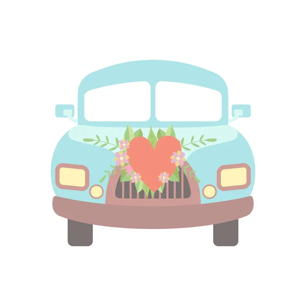 Leuke Vintage auto versierd met bloemen en hart, romantische bruiloft retro auto, vooraanzicht vector illustratie — Stockvector