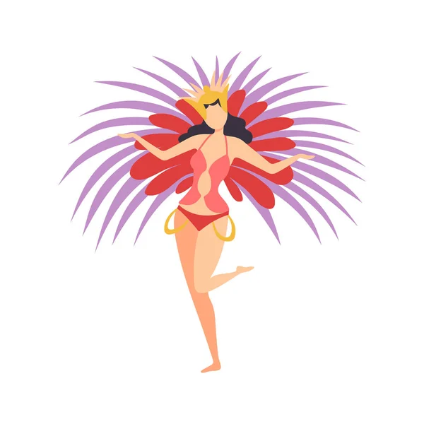 Menina bonita vestindo traje brilhante do festival, dançarinos de samba do carnaval brasileiro, baile de máscaras, ilustração do vetor do elemento do projeto da festa do carnaval — Vetor de Stock