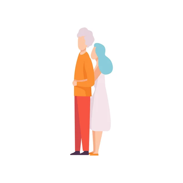 Frau stützt sich auf den Rücken des Mannes und umarmt ihn, glückliches romantisches Paar in Liebe Vektor Illustration — Stockvektor