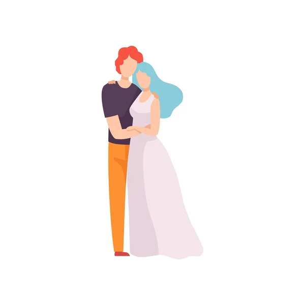 Jovem e mulher apaixonados abraçando, casal romântico feliz posando ilustração vetorial —  Vetores de Stock