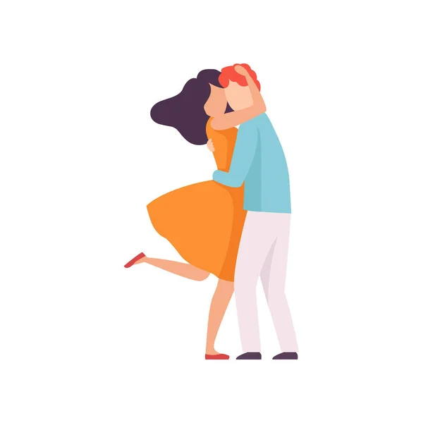 Liebendes Paar, das sich umarmt, glückliche romantische junge Frau und verliebte Vektorillustration — Stockvektor