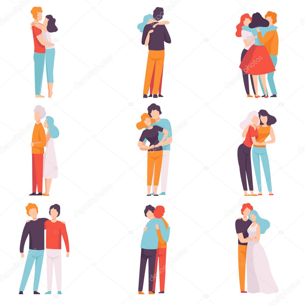 Happy Male and Female Embracing Each Other Set, People Celebrating Event, Couples in Love, Best Friends Vector Illustration