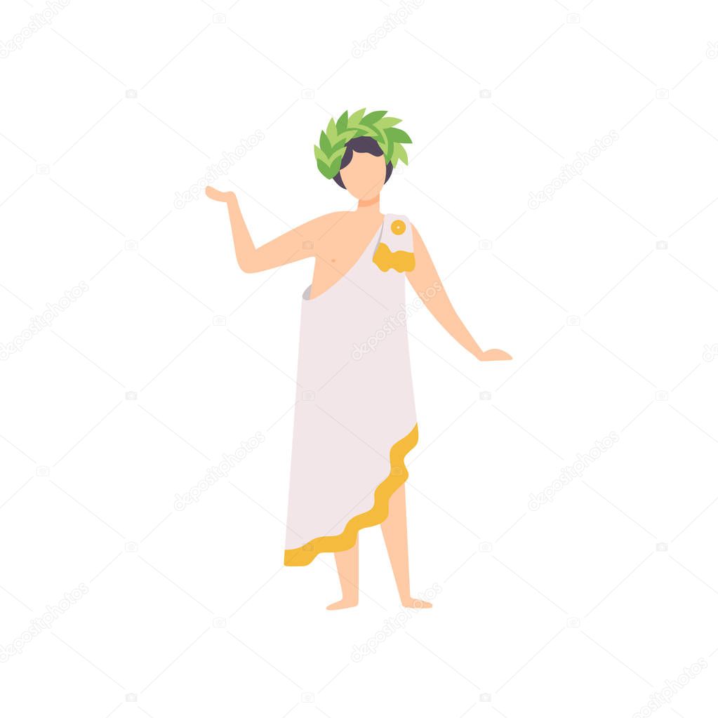 Young Man in Traditional Greek Clothing and Laurel Wreath, Masquerade Ball, Carnival Party Design Element Vector Illustration