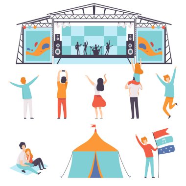 Açık Hava Festivali Seti, Sahnede Performans Müzik Band, İnsanlar Dans, Tezahürat, Camping Park Vektör İllüstrasyon Parti