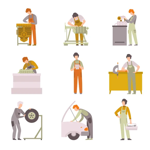 Set di riparatori professionisti, personaggi meccanici auto maschili in uniforme che lavorano nell'illustrazione vettoriale del servizio di riparazione auto — Vettoriale Stock
