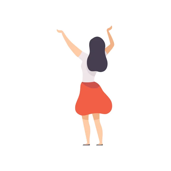 Brunette meisje staande met verhoogde handen op open lucht festival, achteraanzicht, buiten zomer concert vector illustratie — Stockvector