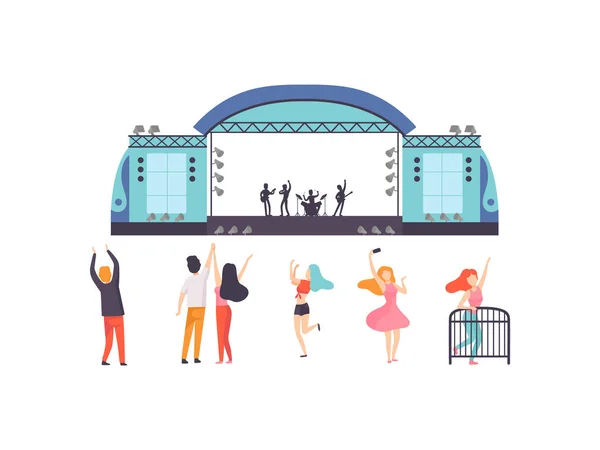 Festival al aire libre, Banda de música que actúa en el escenario, Baile de la gente, Animación, Fiesta, Relajación Vector Ilustración — Vector de stock