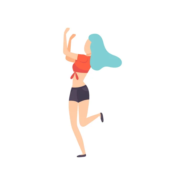 Meisje dansen, cheering, feesten open lucht festival, buiten zomer concert vector illustratie — Stockvector
