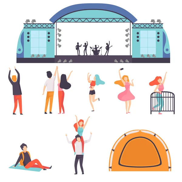 Conjunto de festivales al aire libre, banda de música actuando en el escenario, gente bailando, animando, relajándose, fiesteando en Camping Park Vector Illustration — Vector de stock