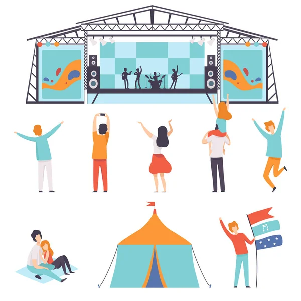 Festival en plein air, Musique, Danse, Acclamations, Fête au Camping Park Illustration vectorielle — Image vectorielle