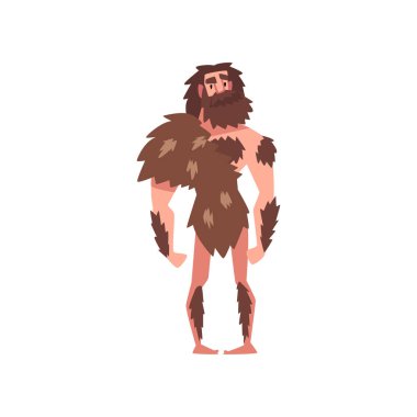 Prehistorik Sakallı Adam, İlkel Taş Devri Caveman Giyen Hayvan Pelt Karikatür Karakter Vektör İllüstrasyon