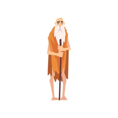 Komik Prehistorik Sakallı Adam, Hayvan Pelt Karikatür Karakter Vektör İllüstrasyon İlkel Taş Devri Caveman