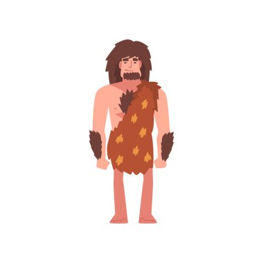 Prehistorik Sakallı Adam Giyen Hayvan Pelt, İlkel Taş Devri Caveman Karikatür Karakter Vektör İllüstrasyon