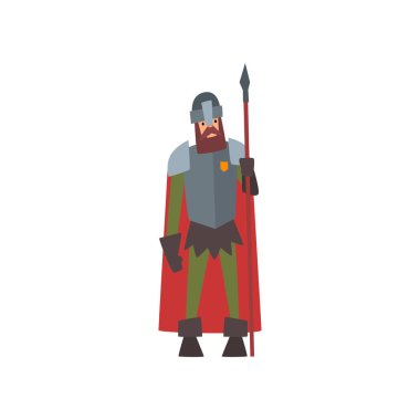 Mızrak Vektör İllüstrasyon ile Kırmızı Pelerin ortaçağ Zırhlı Knight Warrior Karakter