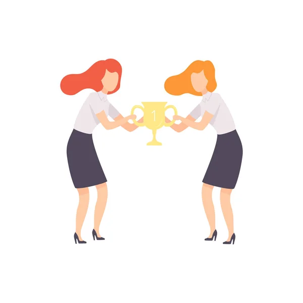 Zakenvrouwen vechten voor trofee beker, Business competitie, rivaliteit tussen collega's, kantoormedewerkers uitdagende vector illustratie — Stockvector