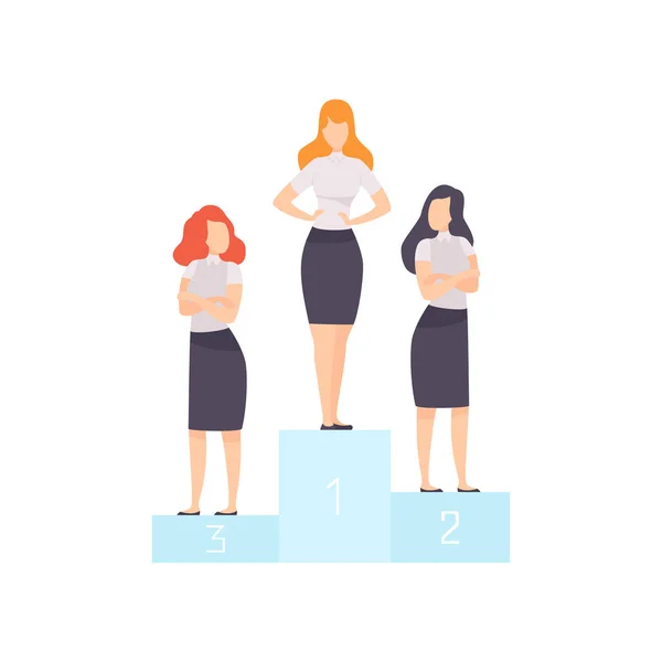 Empresárias bem sucedidas em pé no pedestal, competição de negócios entre as trabalhadoras do escritório feminino, rivalidade entre colegas Vector Ilustração —  Vetores de Stock