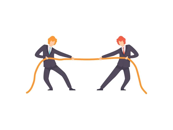 Dos empresarios tirando de extremos opuestos de la cuerda, la competencia empresarial, la rivalidad entre colegas, los trabajadores de oficina desafiante Vector Ilustración — Vector de stock