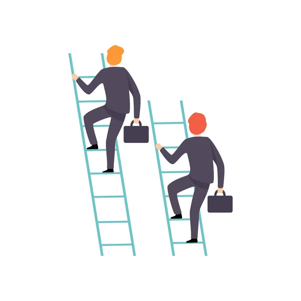 Двоє бізнесменів скелелазіння на драбину до успіху, конкуренція бізнесу, відмінність між колегами, офісні працівники кидають виклик векторній ілюстрації — стоковий вектор