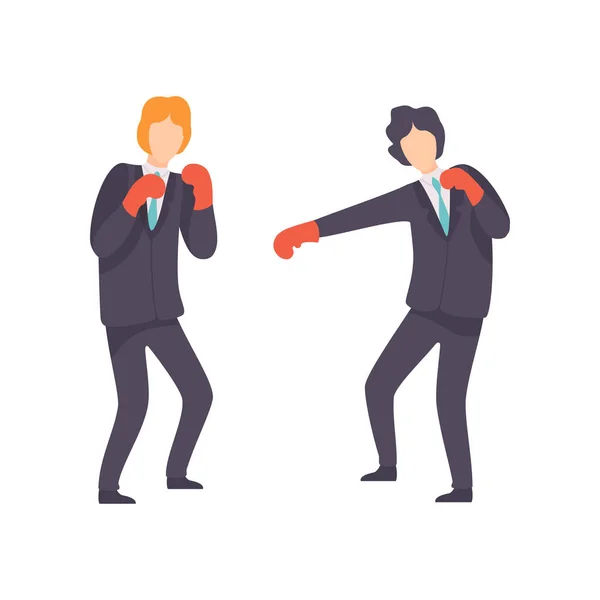 Empresarios que luchan con guantes de boxeo, competencia empresarial, rivalidad entre colegas, trabajadores de oficina que desafían la ilustración vectorial — Vector de stock