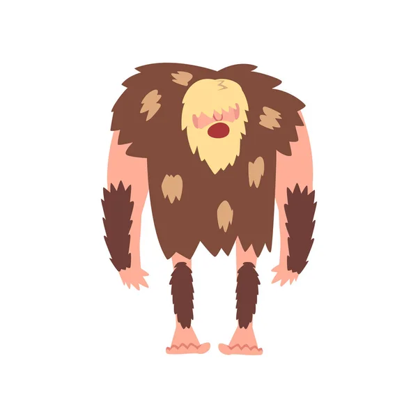 Prehistorische gespierde Bearded Man, primitieve steen leeftijd Caveman in dier Pelt cartoon karakter vector illustratie — Stockvector