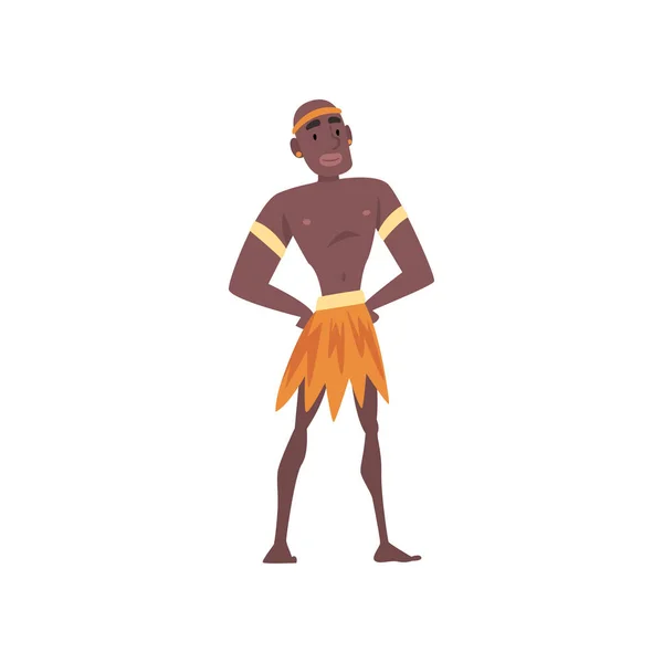 Native zwarte skinned man in traditionele kleding, Afrikaanse of Australische aborigine cartoon karakter vector illustratie — Stockvector