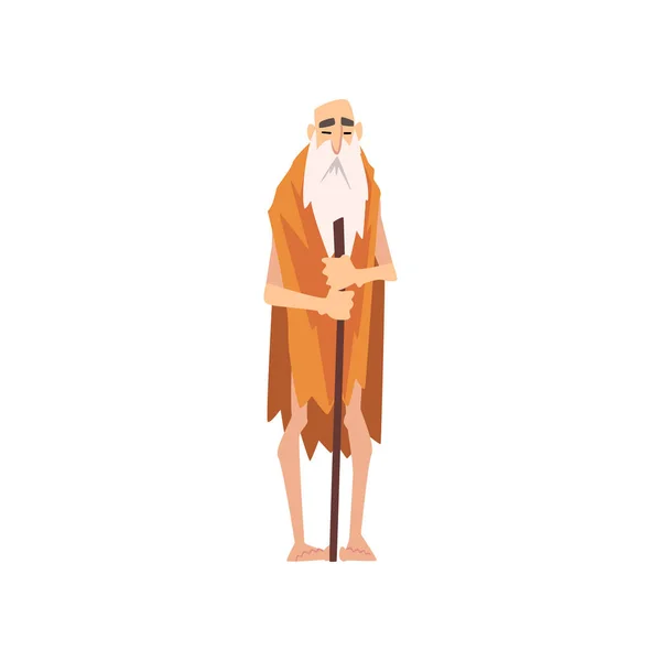 Grappige prehistorische Bearded Man, primitieve steen leeftijd Caveman in dier Pelt cartoon karakter vector illustratie — Stockvector
